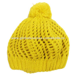 Yellow Hollowed Beanie with Pompon, Customized Sizes and Colors are Welcome