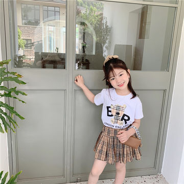 2020 Summer Kids Bear Short-Sleeved T-Shirt Tops and Plaid Skirt Two-Piece Sets Girls Clothes